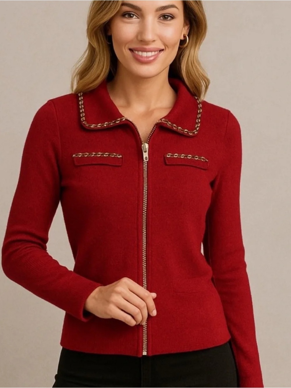 Kathy Ireland Red Zip-Up Chain Trim Ribbed Cardigan
